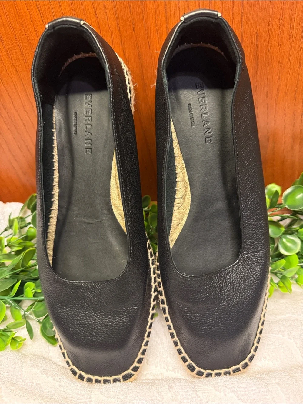 NWOB! Everlane Black Leather Espadrille Flats with Jute Trim - Picture 3 of 11